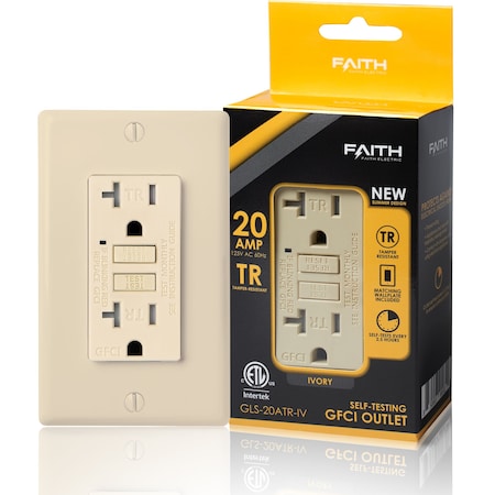 Faith Self-Test 20A TR GFCI Outlet Receptacle with Wall Plate, Ivory GLS-20ATR-IV